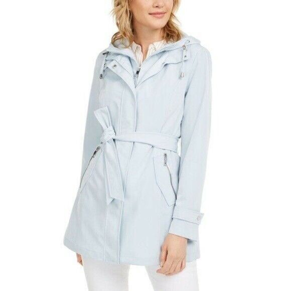 Nautica Powder Blue Hooded Belted Raincoat Water Resistant Women's Large NWT - Picture 1 of 10